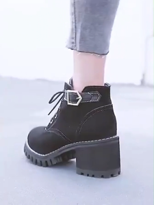 Womens Black Ankle Boots Chunky Heel Martin Boots Korean Fashion Suede Lace Up Zipper Thick Sole Short Booties Casual All-match