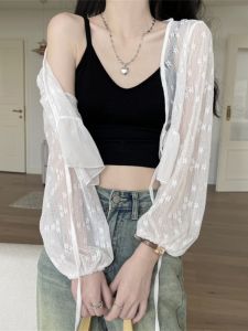 Womens Lace Shirt Summer Design Thin Long Sleeve Knot Belted Outerwear Sun Protection Cardigan Top Korean Style Loose Fit