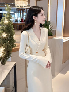 Elegant White Suit Dress Womens Slimming Waist Design High Quality Autumn New Style Fashionable Commute Style Long Sleeve Polo Collar