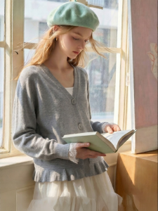 Light Gray V-neck Raglan Knitted Cardigan Loose Soft and Gentle