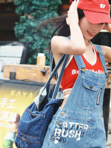 Blue American Retro Letter Print Slimming Overalls Loose Straight Leg Jeans High Waist Long Pants Wear Resistant Summer Jeans