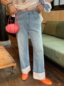 กางเกงยีนส์ทรงตรงเอวสูงสำหรับผู้หญิง ทรงเข้ารูป ลายลูกไม้ ผสมผสาน กางเกงยีนส์ไซส์ใหญ่ ฤดูใบไม้ผลิและฤดูใบไม้ร่วง