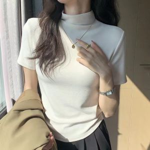 White Short Sleeve Womens Base Shirt Half High Collar Drawstring Slim Fit Gored Design Commute Style Korean Version T-shirt