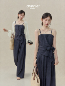 OUYANGXI | Bộ Đồ Jeans Phối Trời Hè Lười Biếng