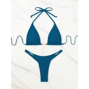 JEWELRY SEN Women Solid Color Chain Link Bikini Set 2 Piece Halter High Cut Beach Vacation Bathing Suit Swimwear