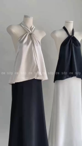 Đen/ Nude Lụa ánh kim mát mịn Full lót Áo cổ yếm xoắn hở lưng cột nơ basic gơi cảm sang xịn SILK LANI TOP