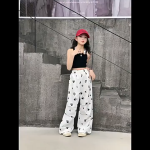 Kids Girls Wide Leg Pants Loose Trousers Cute Puppy Paw Prints Design Summer Cool Baggy Pants Ice Silk Breathable Comfortable Girls Bottoms 7-16yrs