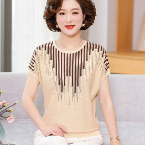 Fashionable Phoenix Shallow Middle-Aged Womens Summer Collection 2024 Short Sleeve T-Shirt Set With Cropped Pants Bat Sleeves And Crewneck