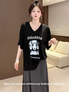 BINKAFENNY | Plus Size Womens Black Round Neck Printed Short Sleeve T-Shirt Casual Loose Summer Top Cover Up Versatile Commute Style