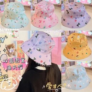 Sanrio Kitty Kuromi Printed Double Sided Hat Cartoon Anime Melody Cinnamoroll Pochacco Sunshade Hat Girl Childrens Birthday Gift