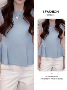 Shalldoer | Fashionable Blue Sleeveless Sun Protection Shirt Womens Summer Unique Beautiful Waist-Cinched Top With Lace Trim Versatile Loose Fit