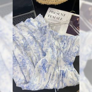 PAIBOLI | Summer Tea Break Thin Floral Print Maxi Dress Elegant French Style Sweet First Love Fairy A-Line Skirt Short Sleeve Midi Dress