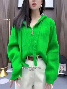 QINGNAER | Green Drawstring Hooded Loose French Style Sweater