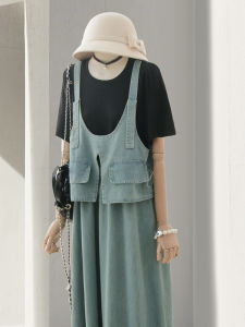 4U4U Denim Wrap Dress Womens Summer New Korean Style Slimming Long Dress Fake Two-Piece Design Sensation Belly Covering