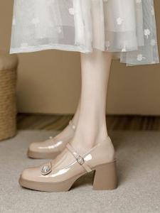 Elegant Pearl Embellished Leather Mary Jane Shoes Womens Fashionable High Heel Slip-On Shoes for Autumn Wedding Parties