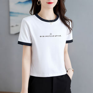 LINGLONGDAI | Áo thun nữ tay ngắn cotton nguyên chất màu tương phản mùa hè dáng ôm trẻ trung thời trang cổ tròn thường ngày