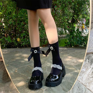 Velvet Socks for Women Ins Trendy Japanese College Style Easiest for Match Lolita Pearl Flower Bow Tie JK Tube Socks