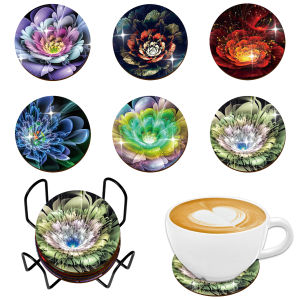 6 Pieces of round irregular Coaster mandala flower Pattern with Bracket wooden Material water cup non-slip Thanksgiving gift