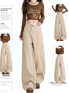American Style High Waist Wide Leg Jeans Womens Autumn New Loose Straight Cut Denim Pants Vintage Workwear Light Tawny