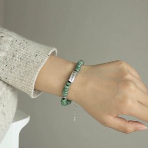Retro Chinese Style 925 Silver Simple Elegant Womens Bracelet Green Jade Spiral Bead for Happiness And Peace Jewelry
