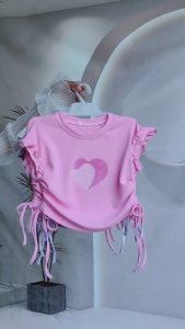 Cute Heart Flower Design Side String Crop Top Ruffle Sleeves Casual Summer Blouse Tee Outfit for 3-10Y Kids Girls