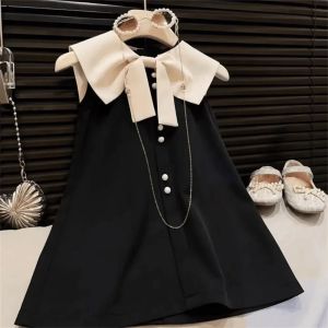 Melario | Summer New Black and White Korean Version Fashionable Girls Casual Clothes Lapel Bow Pearl Single Breasted Sleeveless Dress