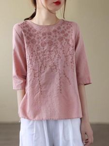 Áo Thun Cotton Lanh Cổ Tròn Tay Bảy Màu Sắc Thêu Tay Lửng Mùa Hè Cho Nữ Áo Thun Cotton Lanh Nguyên Chất Phong Cách Retro