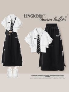 NUMEN BUTTON | Large Size Summer Stylish Suit Slenderizing College Style Shirt Matching High-Waist Skirt Two-Piece
