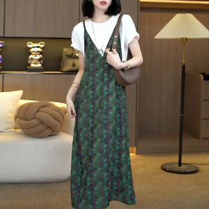 Shalldoer | Elegant A-Line Midi Dress Womens Summer Fashion Retro Loose Slimming Classy Dress Casual Print Natural Waist Short Sleeve