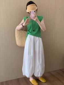 VKSOD | Summer Green Dopaamine Drawstring Shoulder High Waist Wide Leg Pants Womens Short Sleeve Knitted Top Bottoms Two-Piece Set