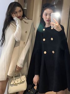 Cape Coat British Style Double Breasted Woolen Coat for Women 2024 Early Spring New Arrival K-style Pure Color Mid-Length Cape