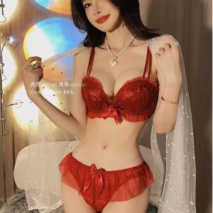 Woman Sweet Lace Lingerie Brides Wedding Push Up Bra Soft Latex Chest Pads No Steel Ring Bra Set Red Underwear for The Zodiac Year