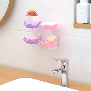 1pc Creative Lotus Shape Soap Box Double Layer Plastic Flower Shape Soap Holder Water Draining Soap Dish Punch Free Mounted Soap Rack Bathroom Accessories