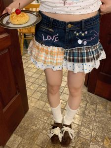 Váy Mini Denim American Retro Patchwork Cho Nữ Mùa Hè Dáng Chữ a Thon Gọn Đa Năng Váy Ngắn Phong Cách Đường Phố
