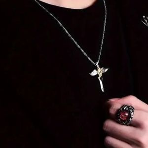 Mens Two Tone Winged Sword Cross Pendant Necklace Stainless Steel Punk Rock Style Exquisite Gift New Jewelry