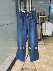 Airy Cotton High Waist Double Buckle Straight Leg Jeans Comfortable Touch Thin Denim Pants Long Trousers Cover Hip