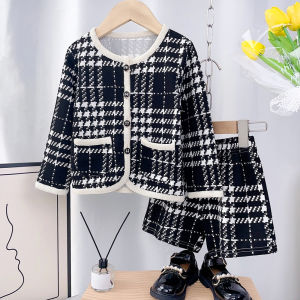 Autumn Girls Fashion Sweet Outfit Long Sleeve Single Breasted Coat + Shorts 2 Pcs Set 3-7 Years Kids Simple Casual Clothes