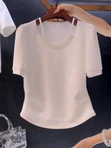 Áo Thun Nữ Tay Ngắn Khoét Lỗ Nhiều Hạt Cỡ Lớn Mùa Hè 2024 Áo Thun Cổ Tròn Dáng Ôm Che Giấu Mỡ Béo Phì