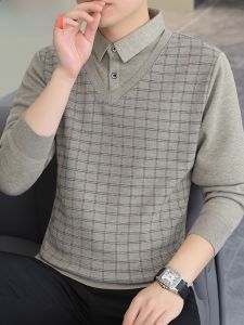 HENGYUANXIANG | Hengyuanxiang Mens Knitted Sweater Fleece Lined Thick Long Sleeve Shirt Collar Fake Two-Piece Winter Fashion City Casual Polyester Fiber