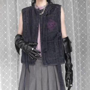 Ouro Serpent Tail Embroidery Subculture Y2K Dark Asceticism Original Tie Music Festival Denim Vest Loose Fit Urban Fashion