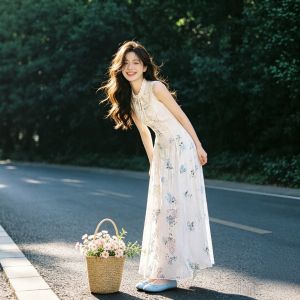 CHANGTONG | Art Student Bright and Soft Style Super Beautiful Waist-Cinching Slim Fit Maxi Dress