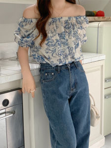 off-Shoulder Print Short-Sleeved Shirt Womens Summer Retro Elegant Small Shirt Stylish Niche Style Chic Puff Sleeve Top
