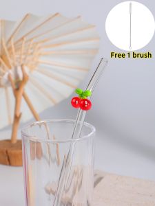 1/6PCS Heat-Resistant Glass Straw Strawberry Lemon Peach Design Ideal for Milk Tea & Juice Drinks Suitable for Office