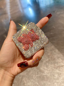 Cute Portable Makeup Mirror Stainless Steel Double-Sided Diamond-Embedded Bear Handheld Folding Mirror Personal Care Tool