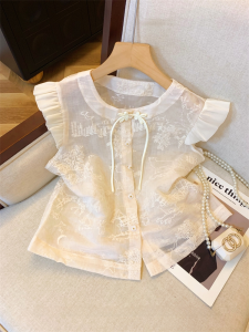 เสื้อเชิ้ตแขนกุดไหมพรมสไตล์จีนใหม่ปักลายหนักสำหรับผู้หญิงในช่วงฤดูร้อน เสื้อเชิ้ตแขนกุดแบบโปร่งใส คอตั้ง สไตล์ลำลอง