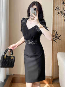 SUYE | Lace Splicing V-neck Waist-defining Bodycon Dress