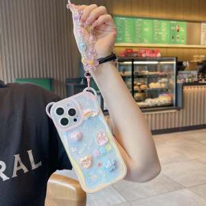 Cartoon Bear Ear Phone Case with Bracelet Silicone Strap Womens Style Apple 16Promax 15Pro 14Plus 13PM XS Max 12 Protective Cover