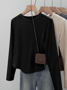 Slim Fit Long Sleeve T-Shirt Womens Base Shirt Irregular Hemline Korean Style Pure Color Cotton Top for Autumn Fashion