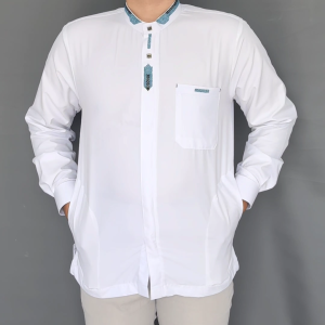 Atasan Koko Muslim Baju Kemko Pria Dewasa Lengan Panjang Manset Putih Bordir Minimalis # bagian Saku samping