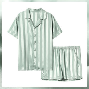 me home wear | Ice Silk Satin Thin Summer Short Sleeve Simple Stripe High Class Pajamas
